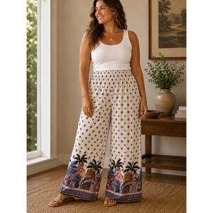 Love Wish Womens Large Wide Leg Tropical‎ Border Print Rayon Elastic Waist Pants